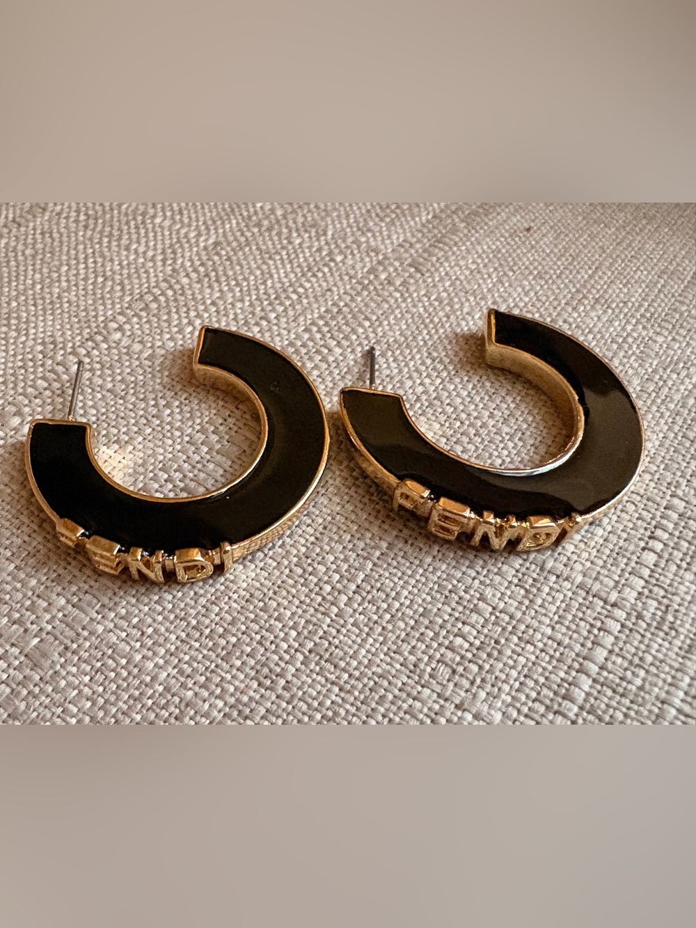 Fendi Black Enamel Hoop Earrings with Gold Logo Accents - Picture 6 of 6